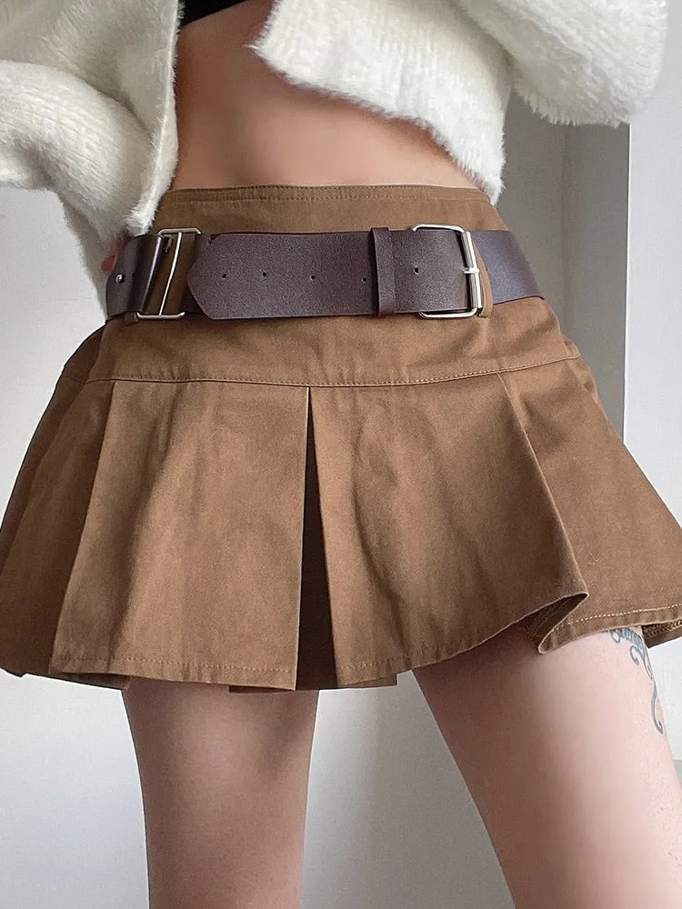 Amozae-hoco dresses  Casual Brown Pleated Mini Skirt Ladies High Waisted Short Skirts Womens With Belt Korean Fashion 90S Summer Street