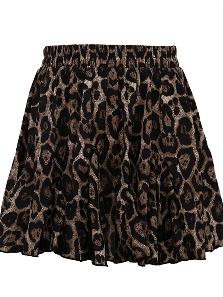 Amozae Vintage Leopard Printed Skirt Female Sexy Casual Lace-Up Slim Contrast High Waist Commute Clothes Women's Pleated Skirts