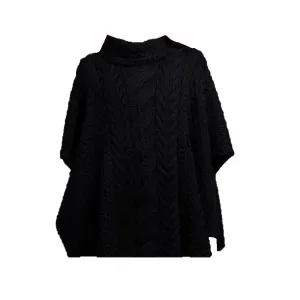 Aran Super Soft Merino Poncho with Cowl Neck Ebony Black