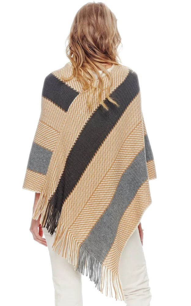 BAAP2057 Herringbone Stripe Pattern Poncho w/Fringes