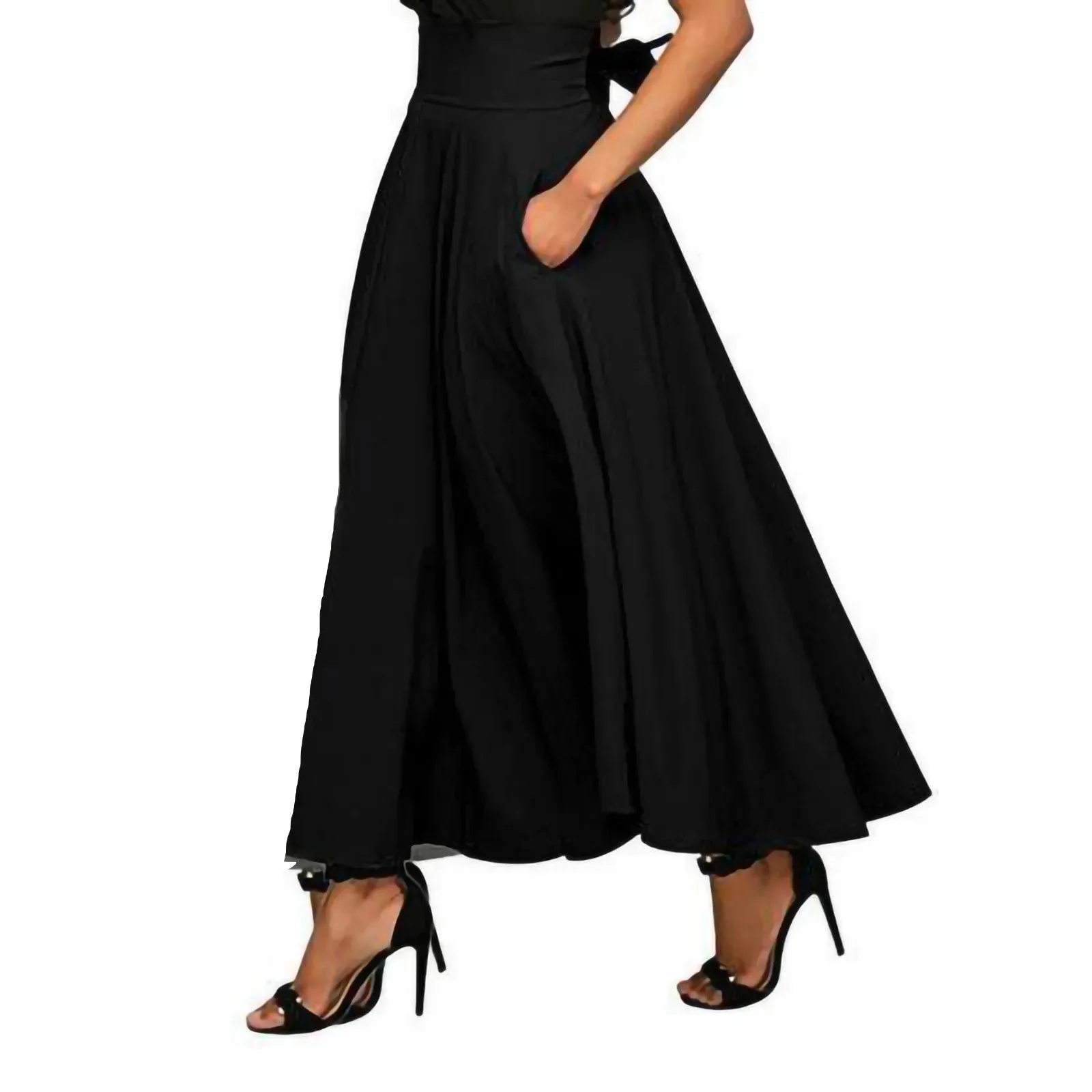 Back Bandage Long Skirt Elegant High Waist Pleated A-line Swing Office Fashion Skirt