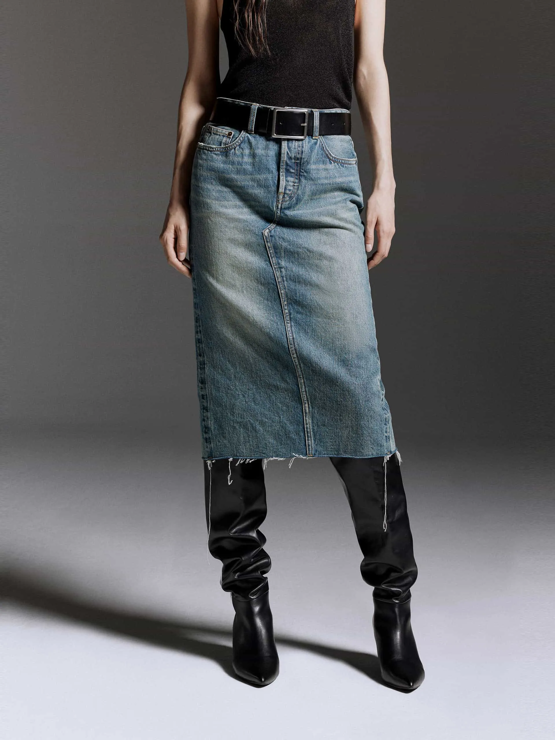 Back Slit Midi Denim Skirt