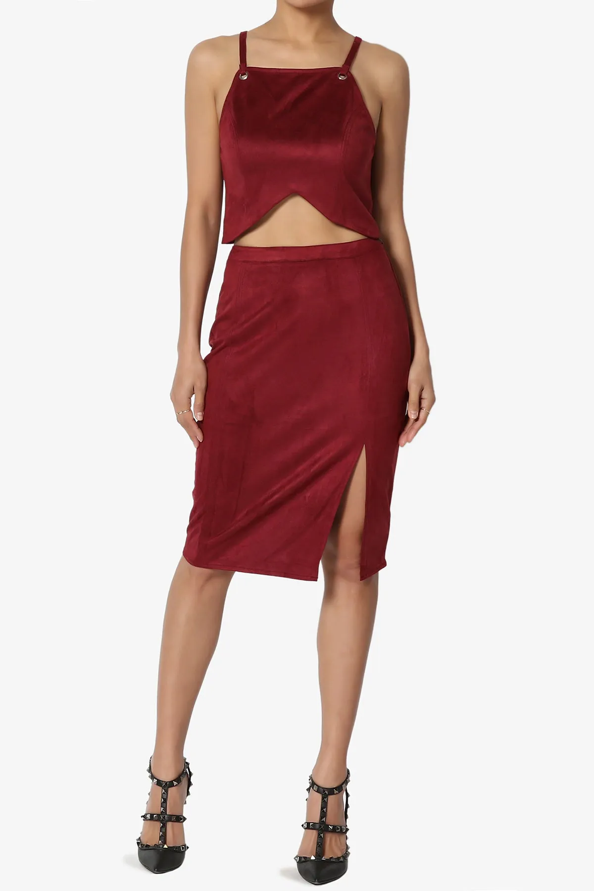 Benvenuto Slit Side Faux Suede Pencil Skirt