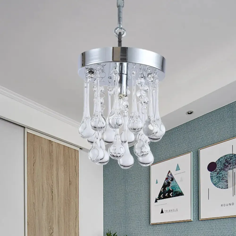 Beveled K9 Crystal Ceiling Light with Raindrop Design: Modern 1-Light Guest Room Pendant in Chrome