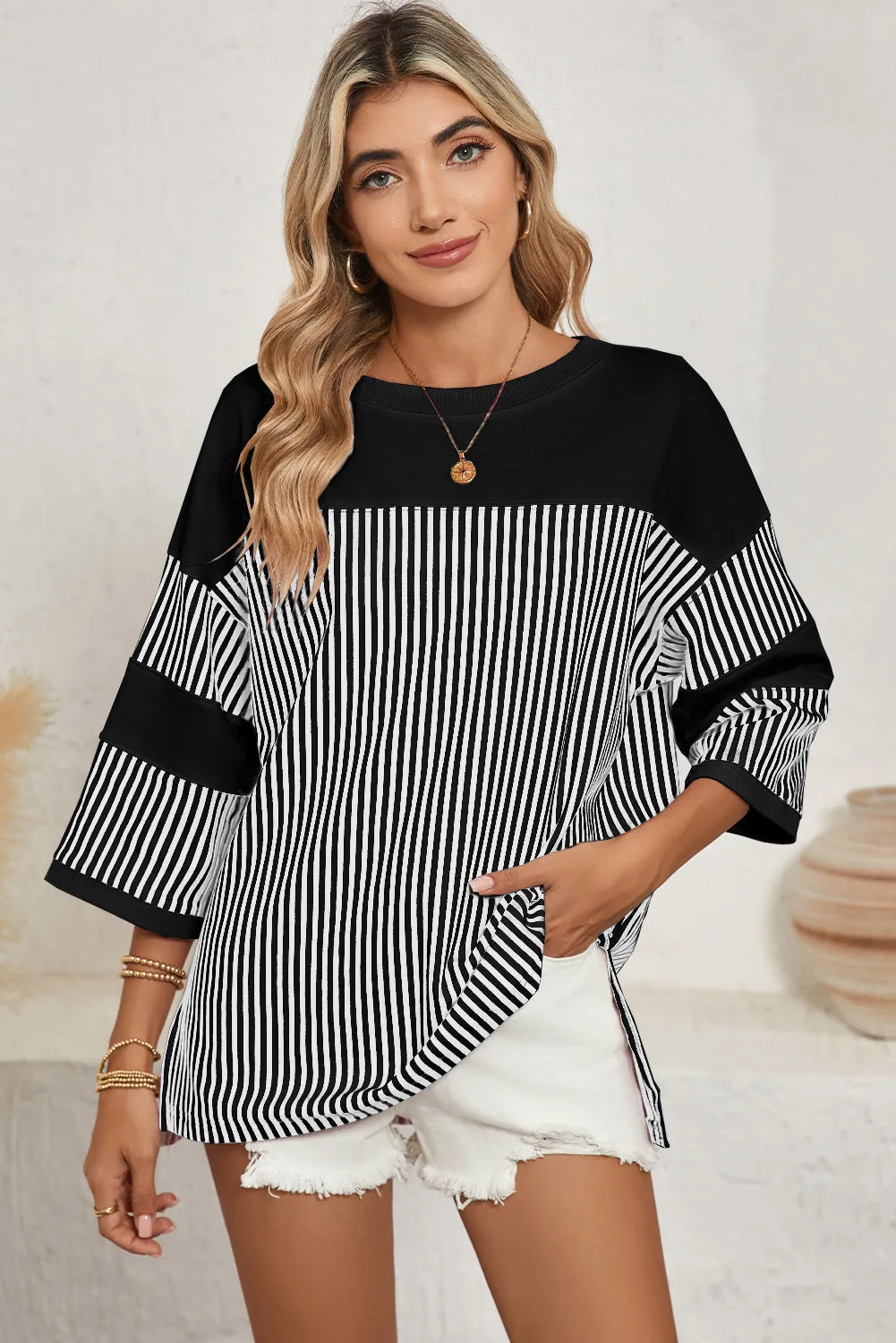 Black & White Striped Patchwork Oversized Tee – Bold Stripes, Unstoppable Vibes