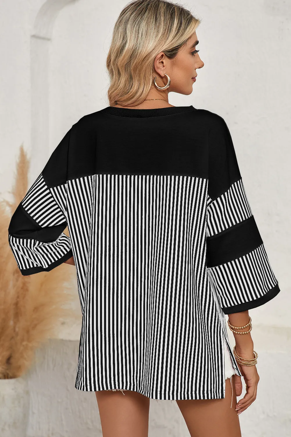 Black & White Striped Patchwork Oversized Tee – Bold Stripes, Unstoppable Vibes