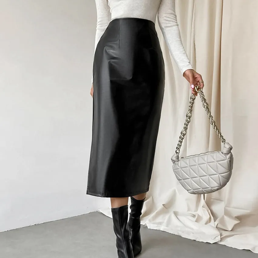 Black Commuter French PU Leather High Waist Split Pencil Midi Skirt