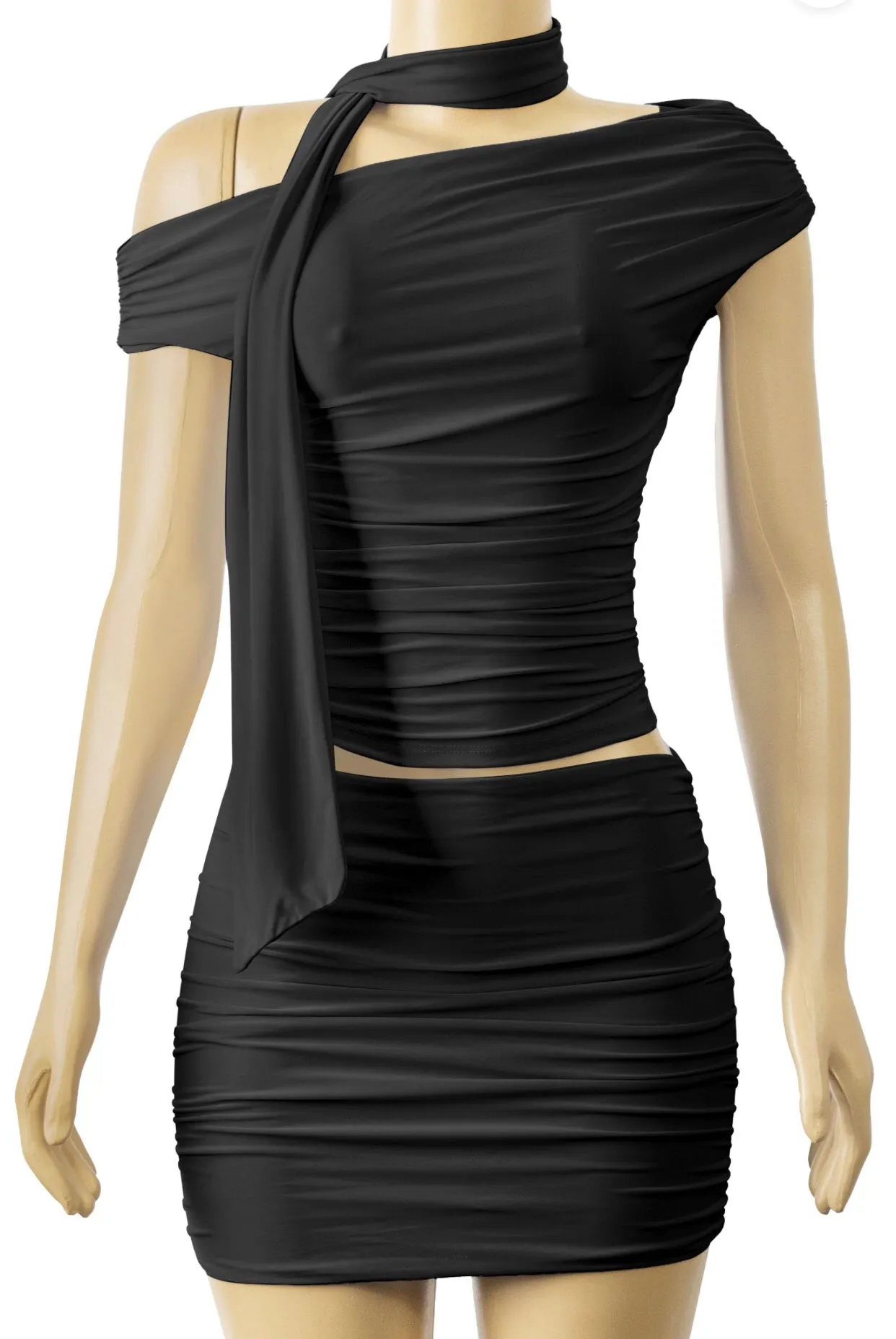 Black Onyx Short Sleeve & Mini Skirt Set (with drape tie ruched set)