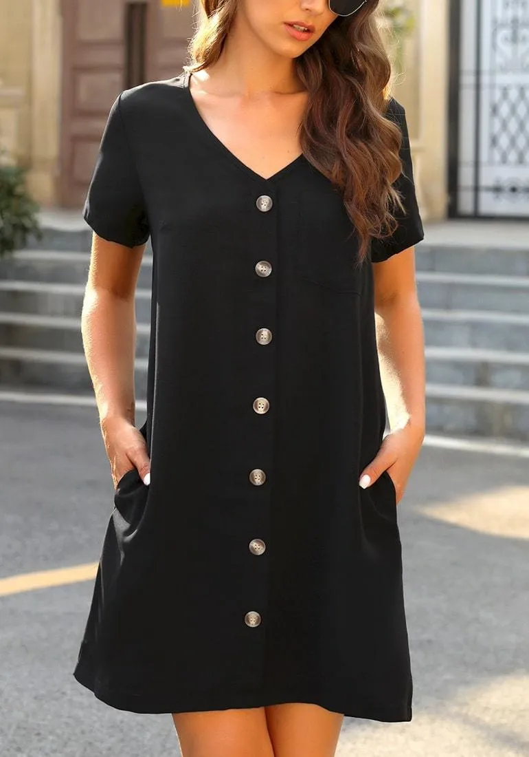 Black V-Neck Button Down Short Sleeve Mini Dress