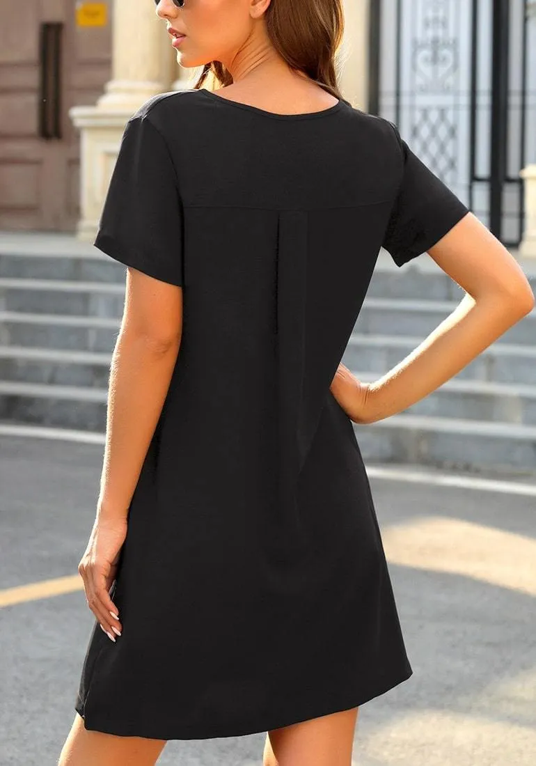 Black V-Neck Button Down Short Sleeve Mini Dress