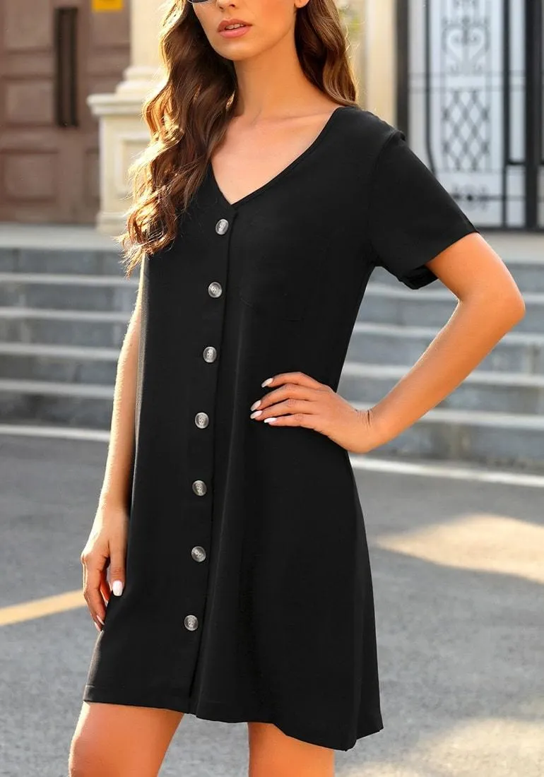 Black V-Neck Button Down Short Sleeve Mini Dress