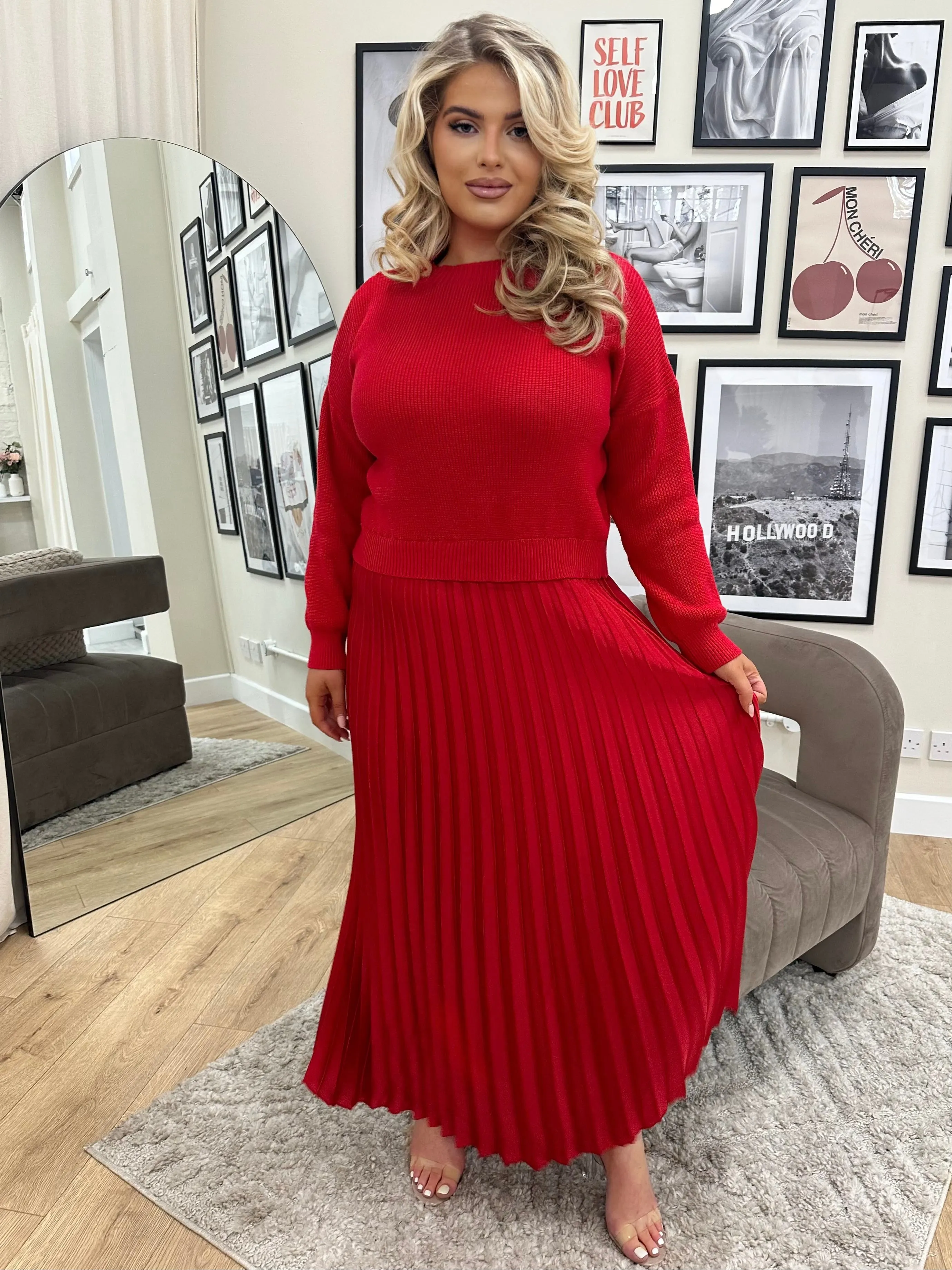 Blake Red Pleated Skirt Jumper Dress