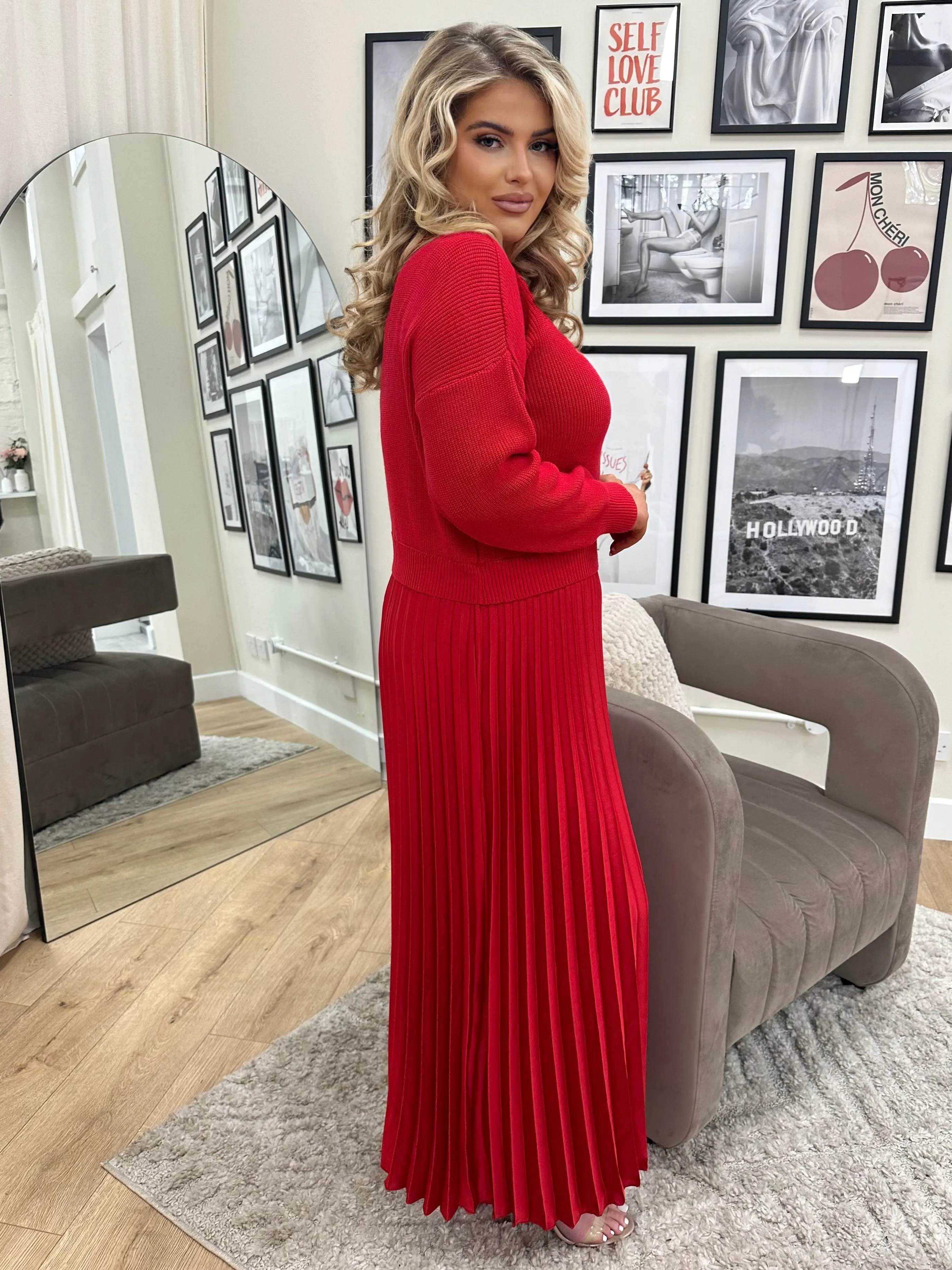 Blake Red Pleated Skirt Jumper Dress