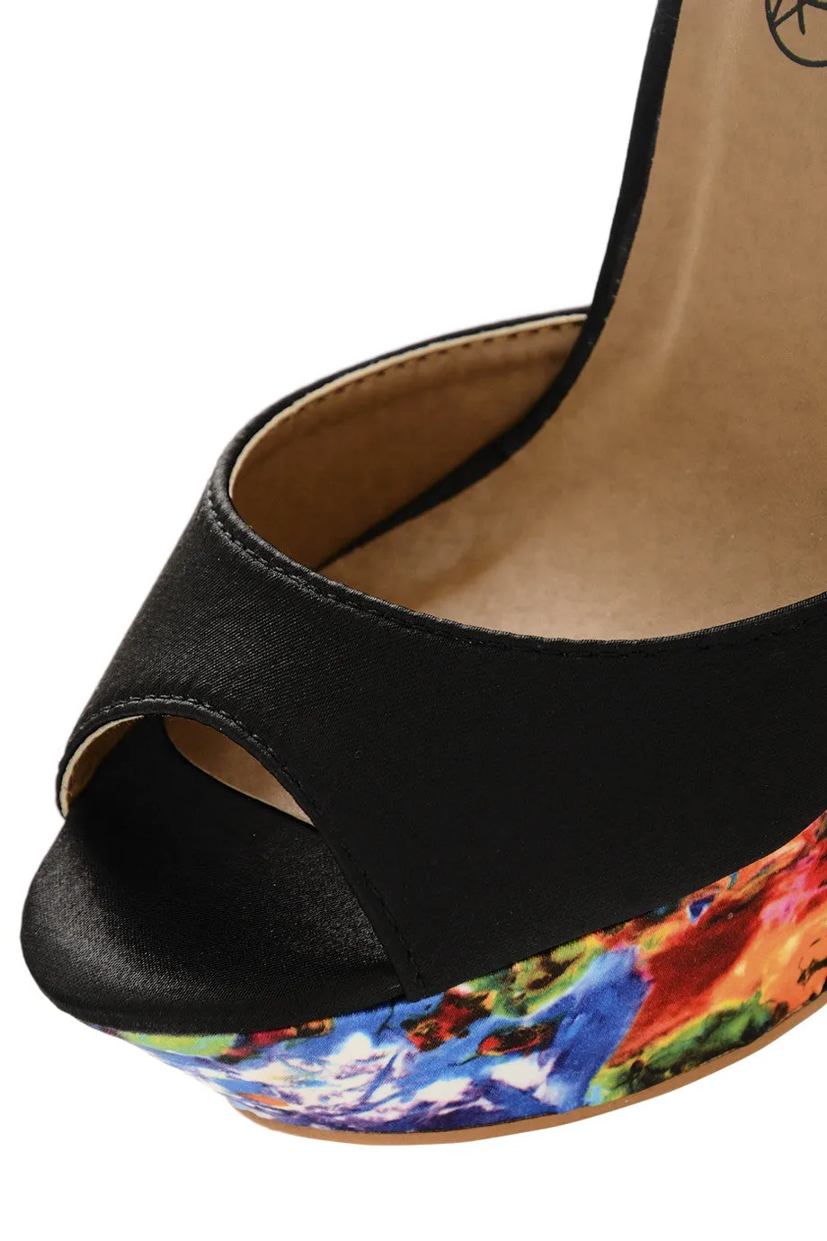 BLOSSOMS Black Ankle Strap Wedges