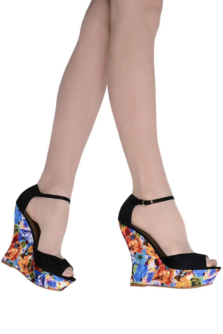 BLOSSOMS Black Ankle Strap Wedges