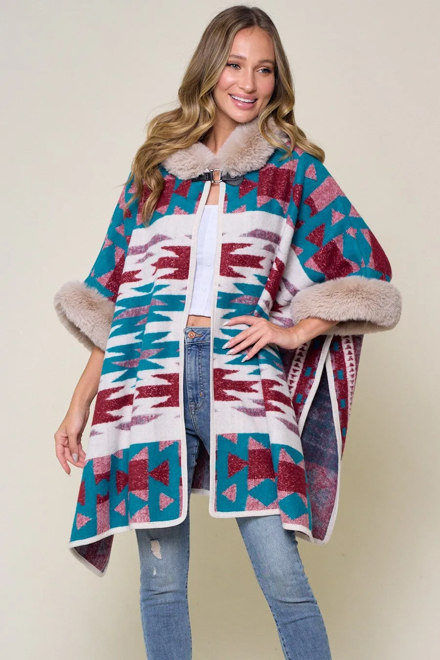 Blue Taupe Wine Plaid Faux Fur Hooded  Poncho