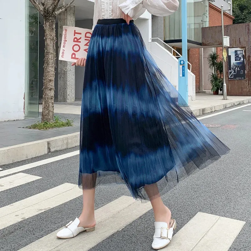 Boho Tie Dye Print Double-Sided Pleated Beach Skirt