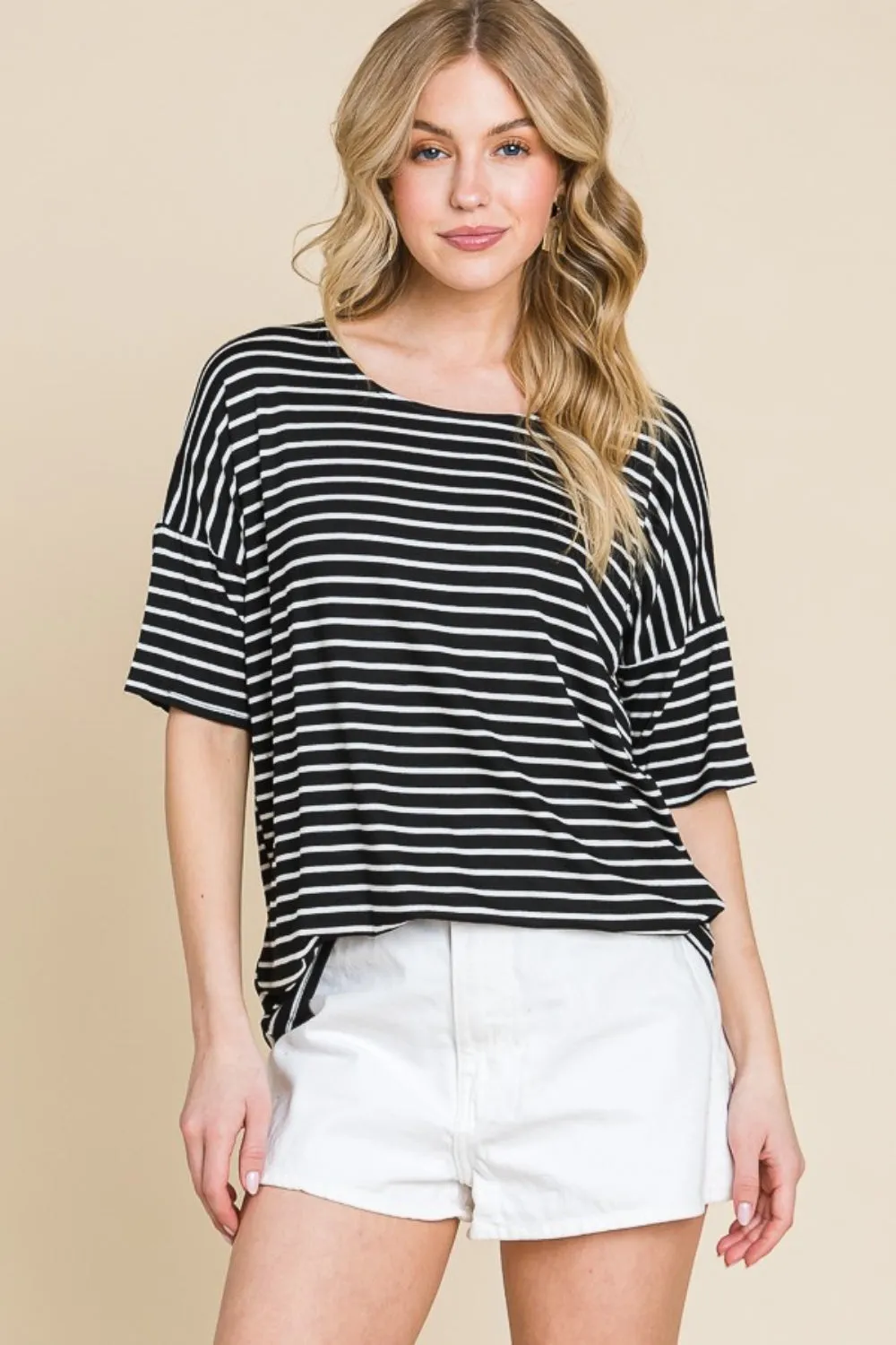 BOMBOM Striped Round Neck T-Shirt