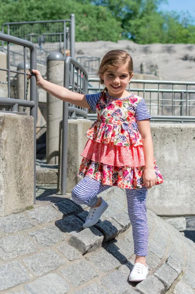 Bonnie Jean Short Sleeve Pink Floral Print Tiered Dress and Blue Striped Legging Set