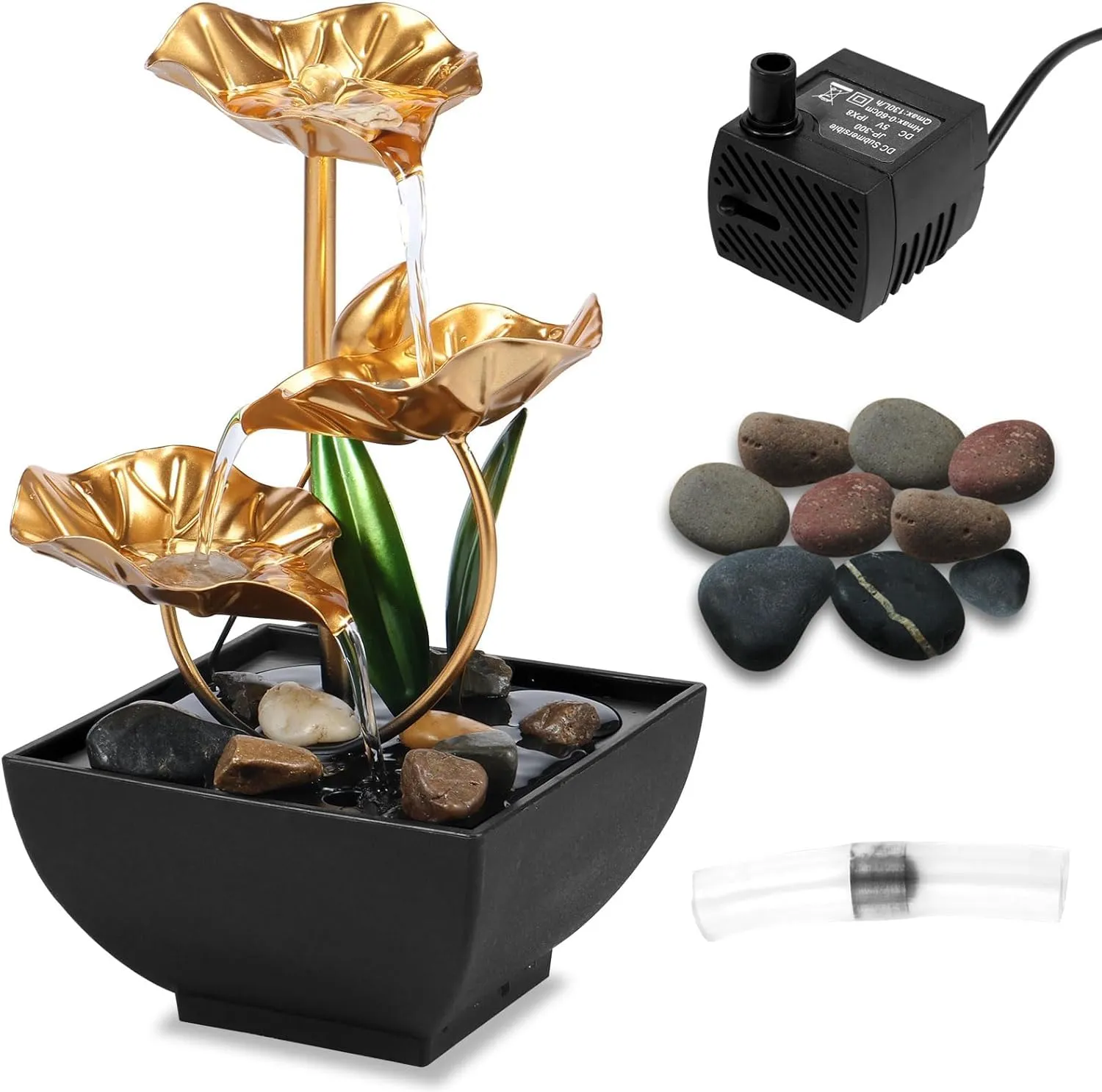 BOVZOX Lotus Water Fountain - 3-Tier Lotus Leaf Tabletop Waterfall Fountain Indoor Water Features with Natural River Rocks, Indoor Showpiece Water Fountain for Table Corner, Living Room & Home Decor