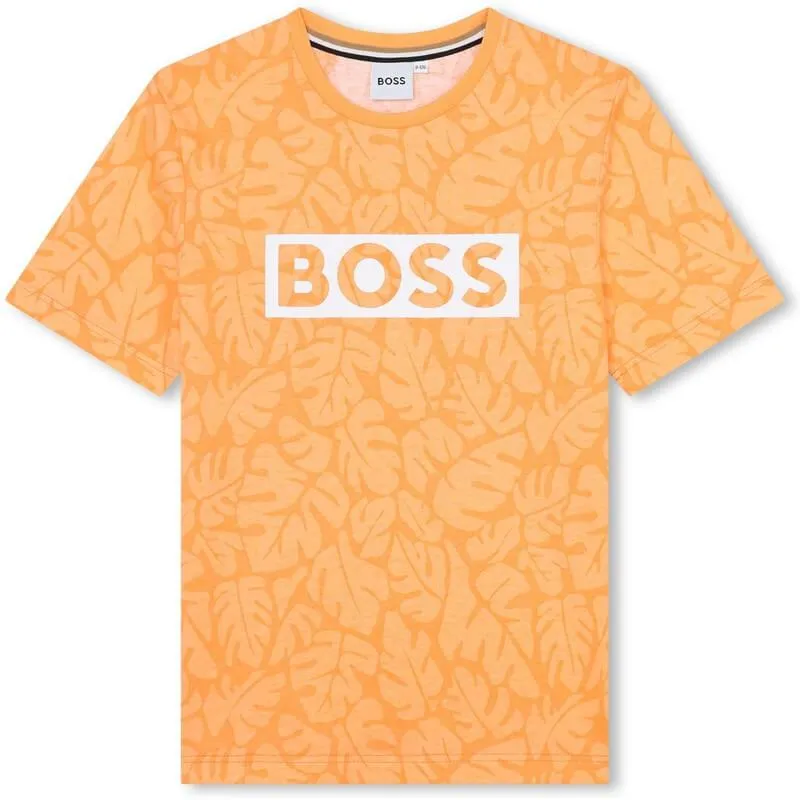 Boys Orange Leaf Print Short Sleeve T-Shirt