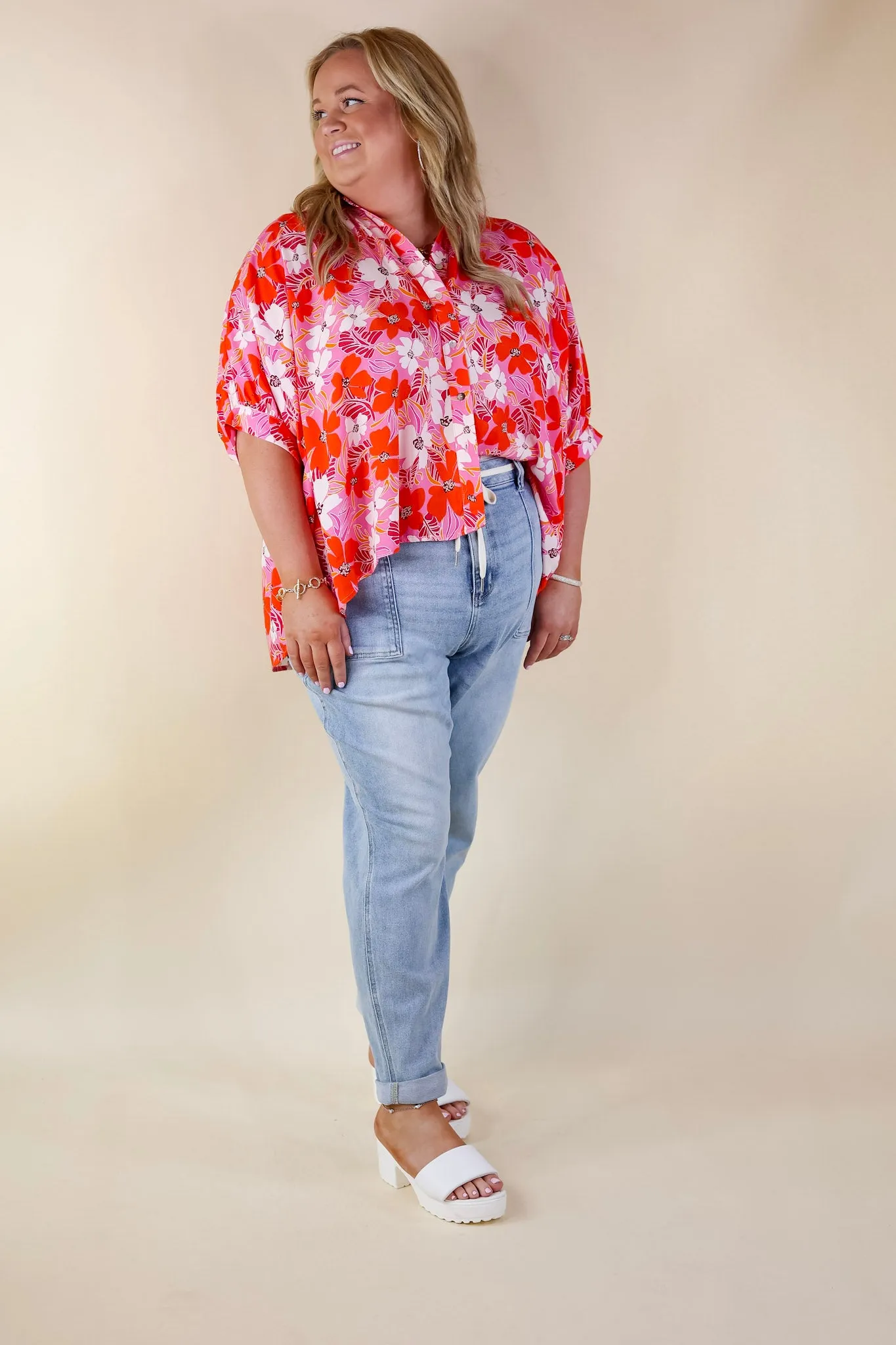 Bright Lifestyle Button Up Half Sleeve Floral Poncho Top in Pink Mix