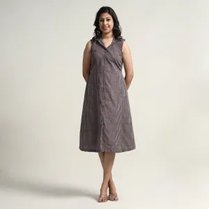 Brown - Plain Handloom Cotton Collared Neck Buttoned Down Dress