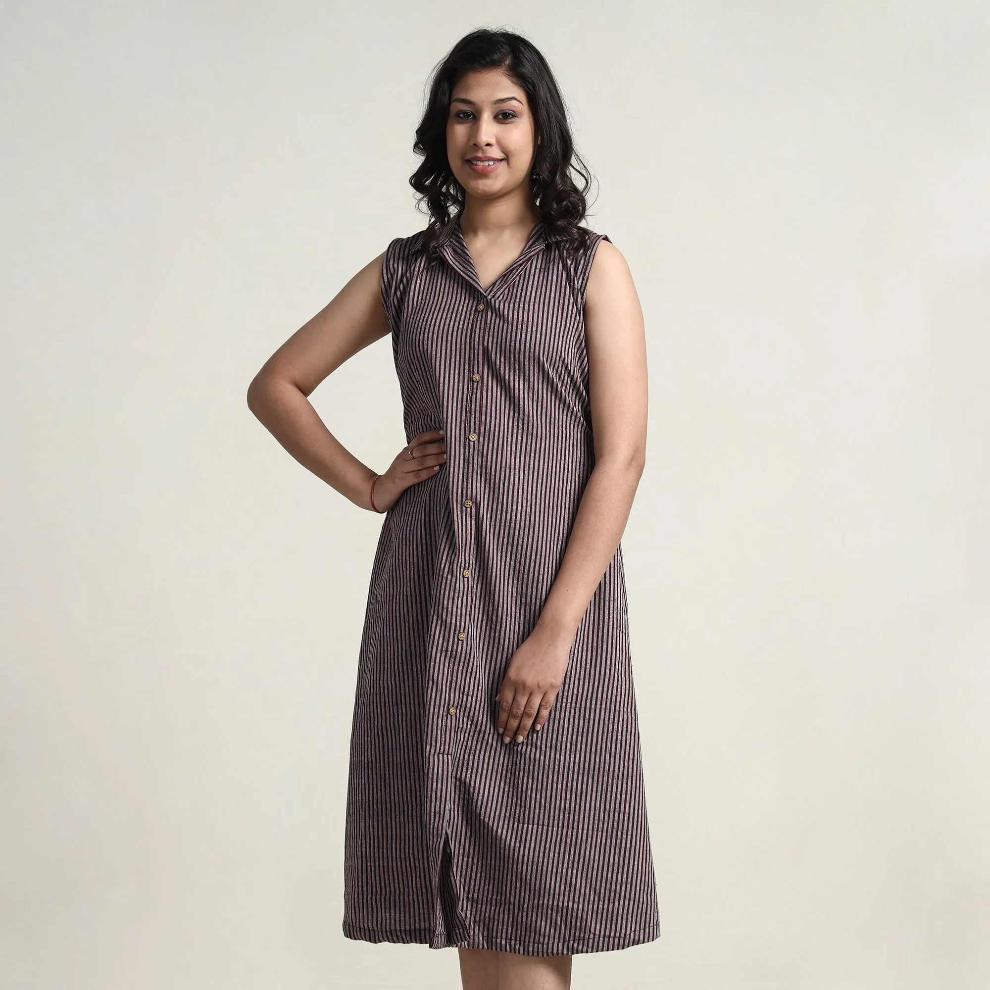 Brown - Plain Handloom Cotton Collared Neck Buttoned Down Dress