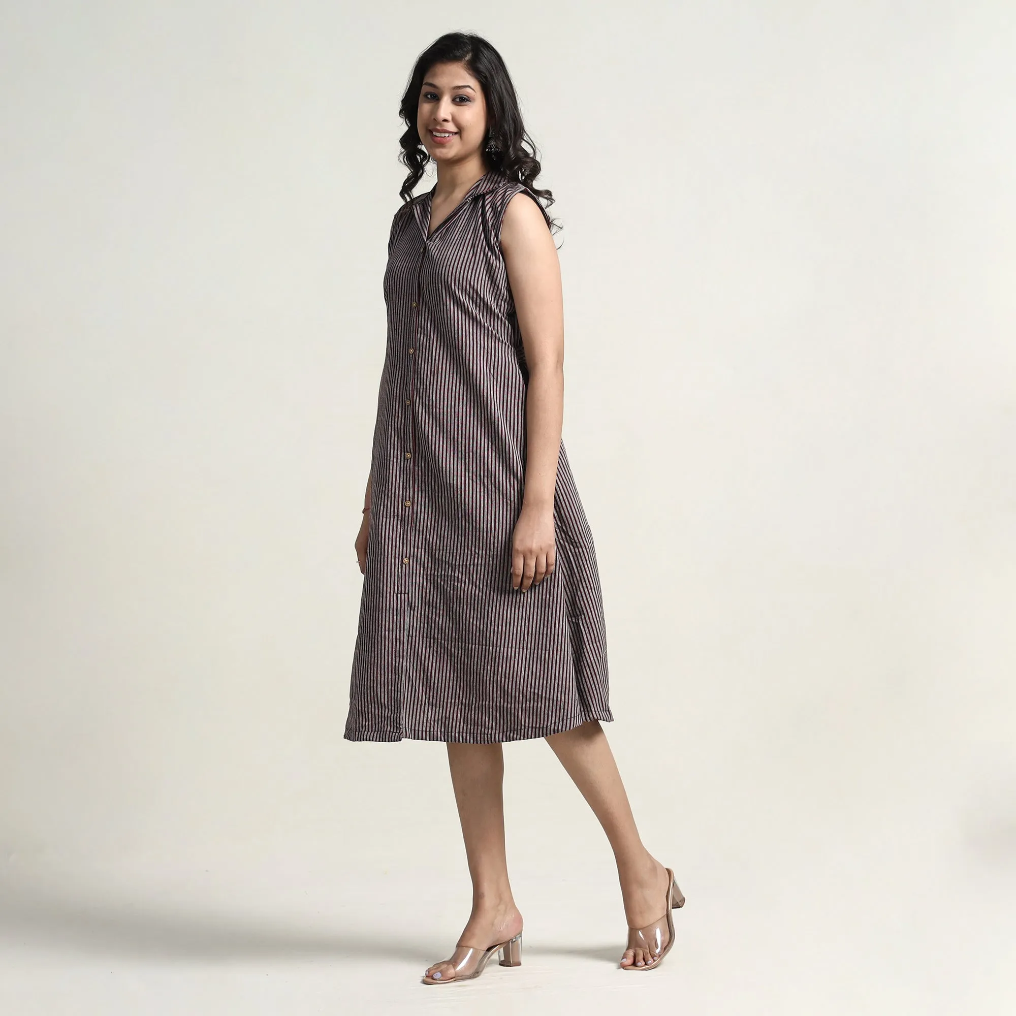 Brown - Plain Handloom Cotton Collared Neck Buttoned Down Dress