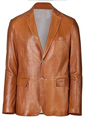 Brown Slim fit Two Button Leather Coat For Men