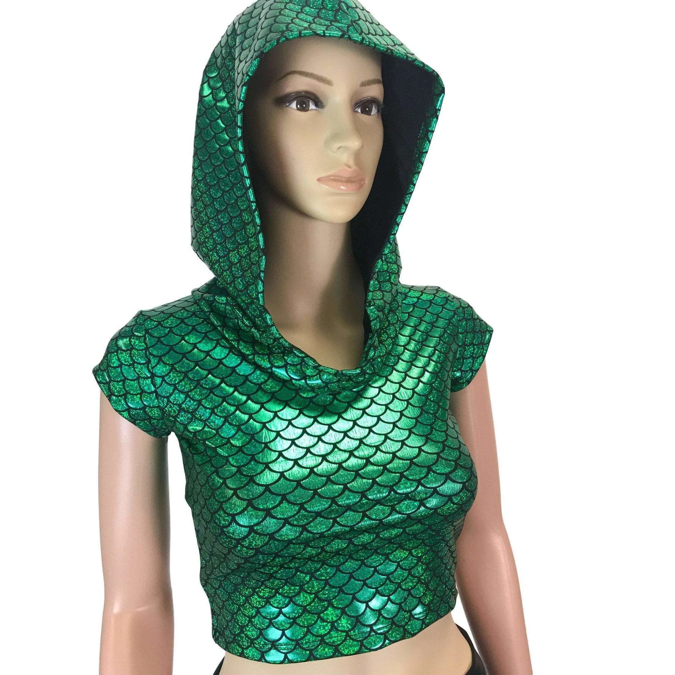 Cap Sleeve Cropped Hoodie - Green Mermaid Scale