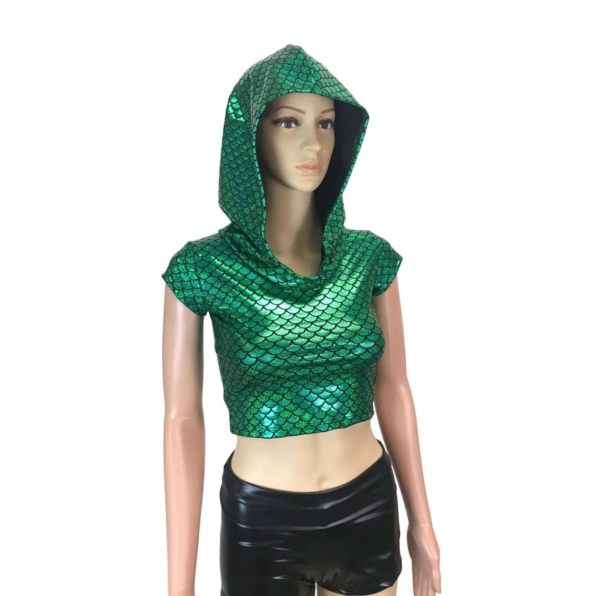 Cap Sleeve Cropped Hoodie - Green Mermaid Scale