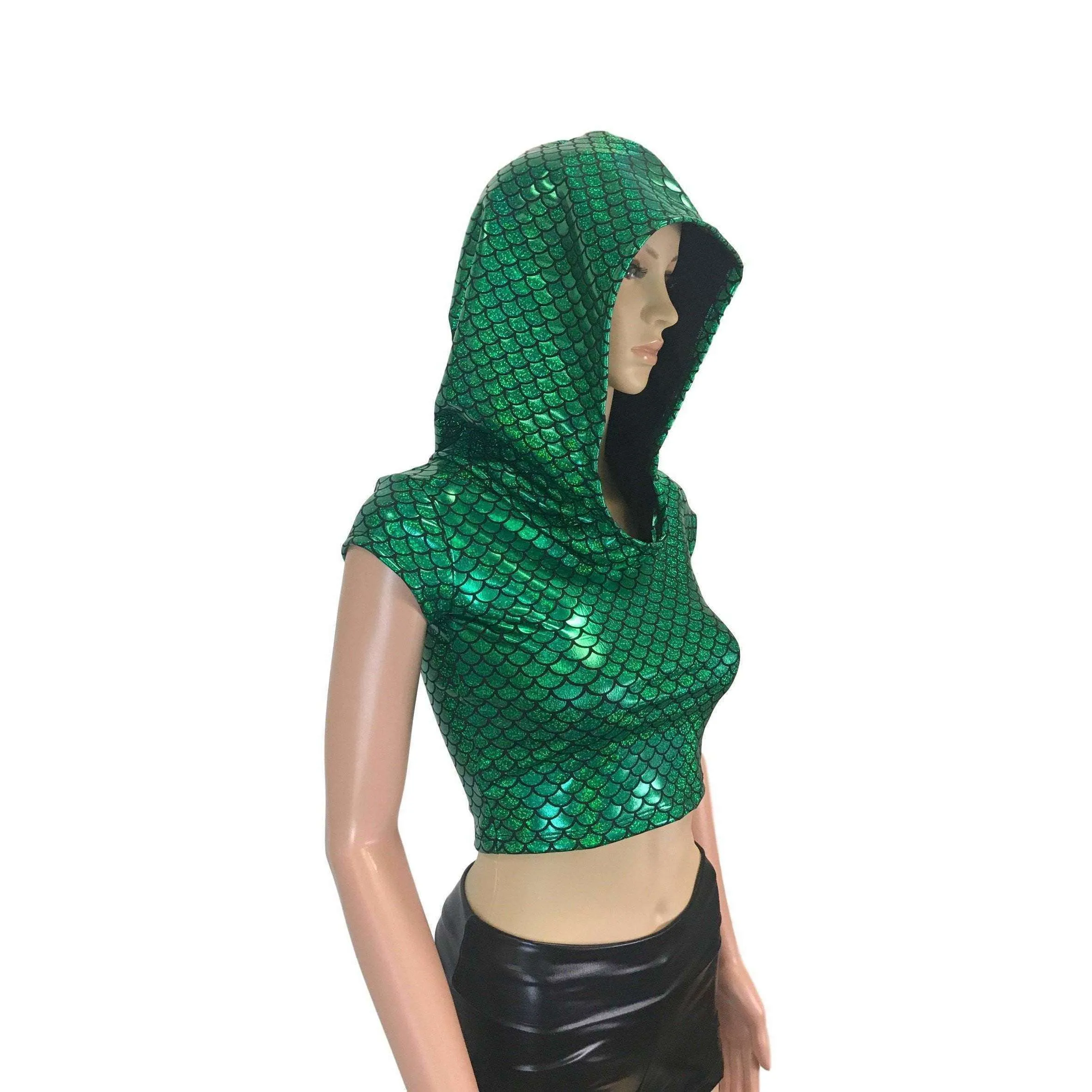 Cap Sleeve Cropped Hoodie - Green Mermaid Scale