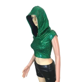 Cap Sleeve Cropped Hoodie - Green Mermaid Scale