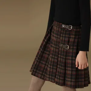 Children's Retro Plaid Wool Casual Thick Pleated Autumn Winter School Skirt