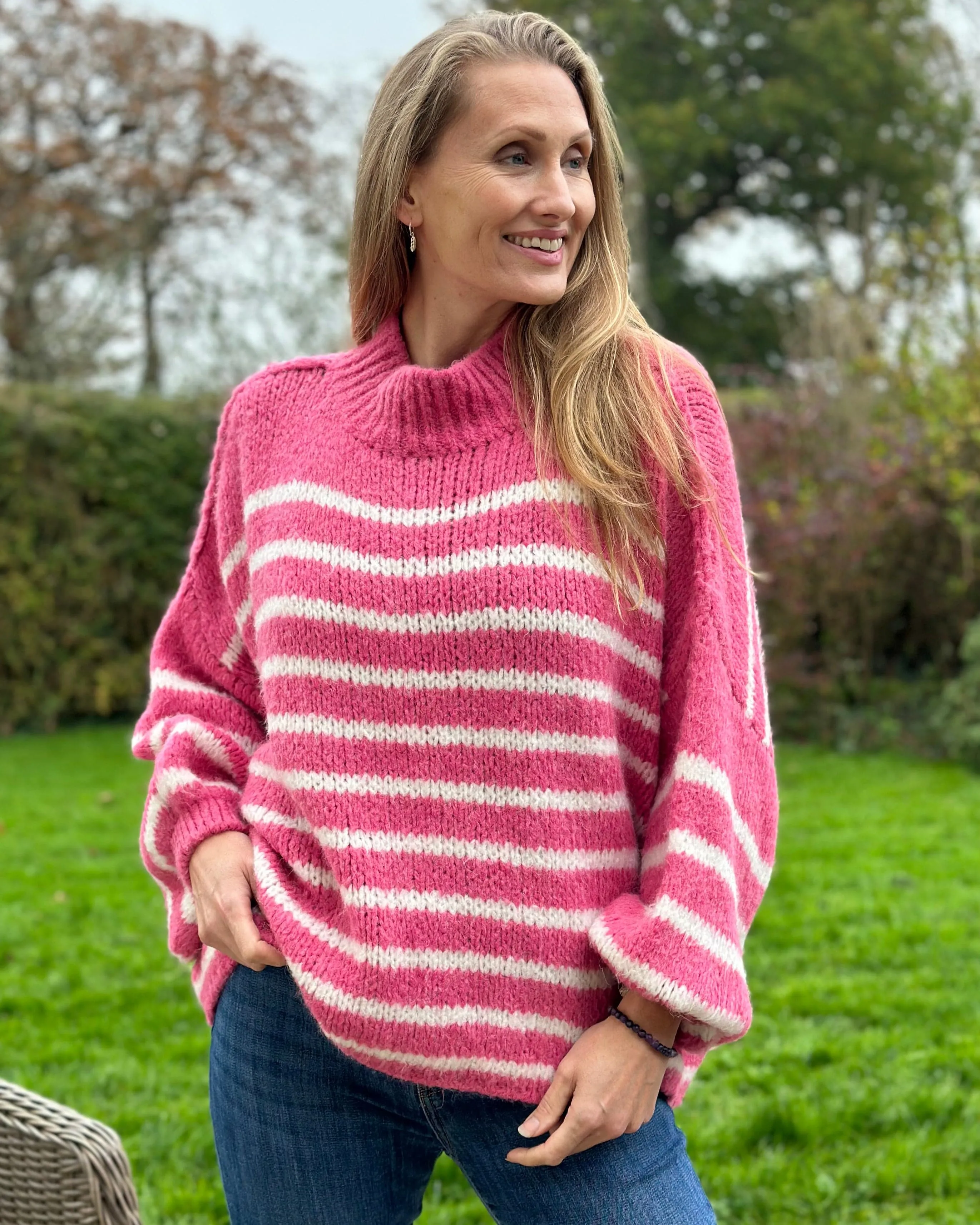 Chunky Knit Striped Jumper - Pink