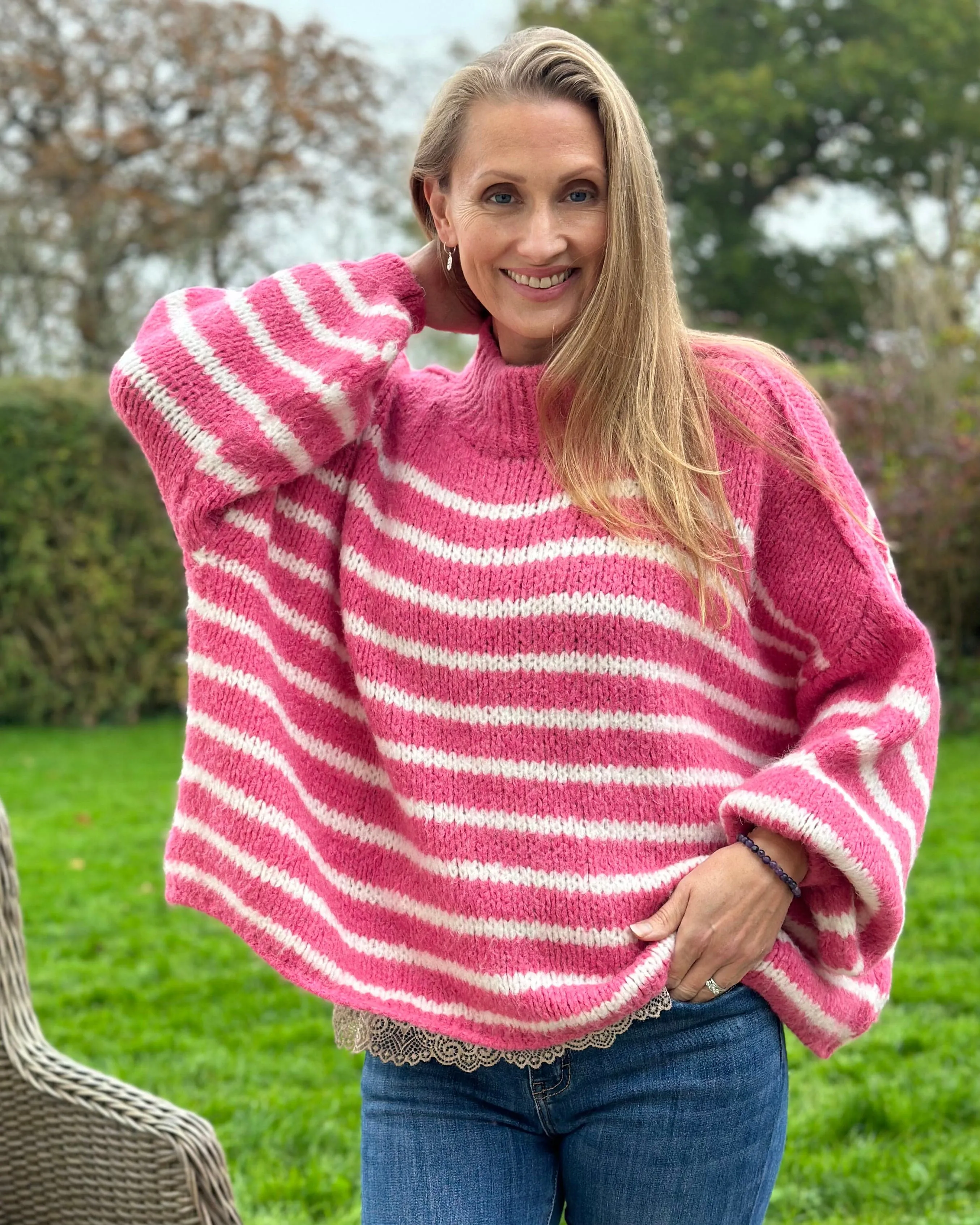 Chunky Knit Striped Jumper - Pink