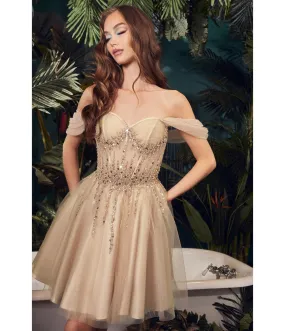 Cinderella Divine  Champagne Glitter Tulle Off Shoulder Corset Mini Dress