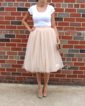 Claire Beige Soft Tulle Skirt - Below Knee Midi