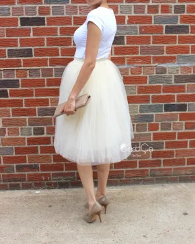 Claire Champagne Soft Tulle Skirt - Below Knee Midi