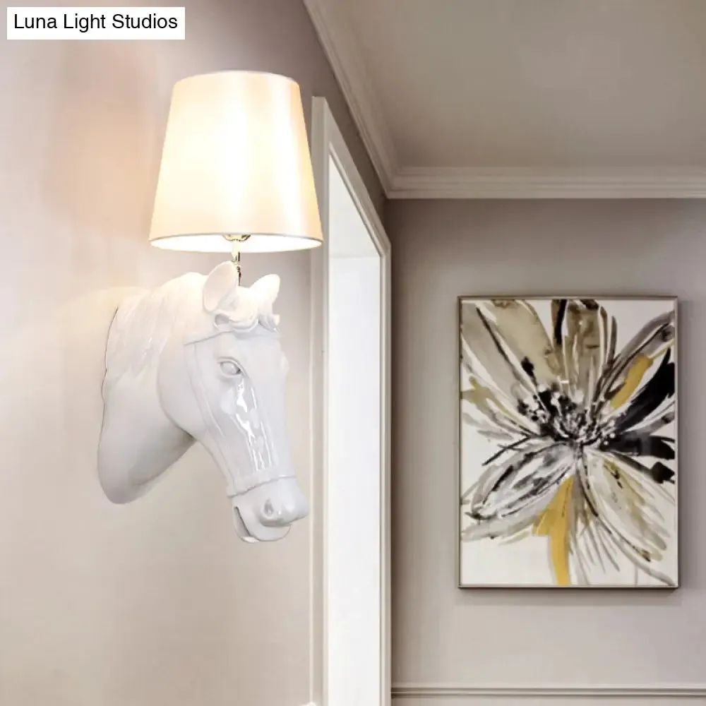 Classic Black/White Resin Wall Lamp with Cone Fabric Shade - 1 Bulb Horse Sconce