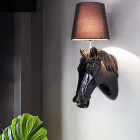 Classic Black/White Resin Wall Lamp with Cone Fabric Shade - 1 Bulb Horse Sconce