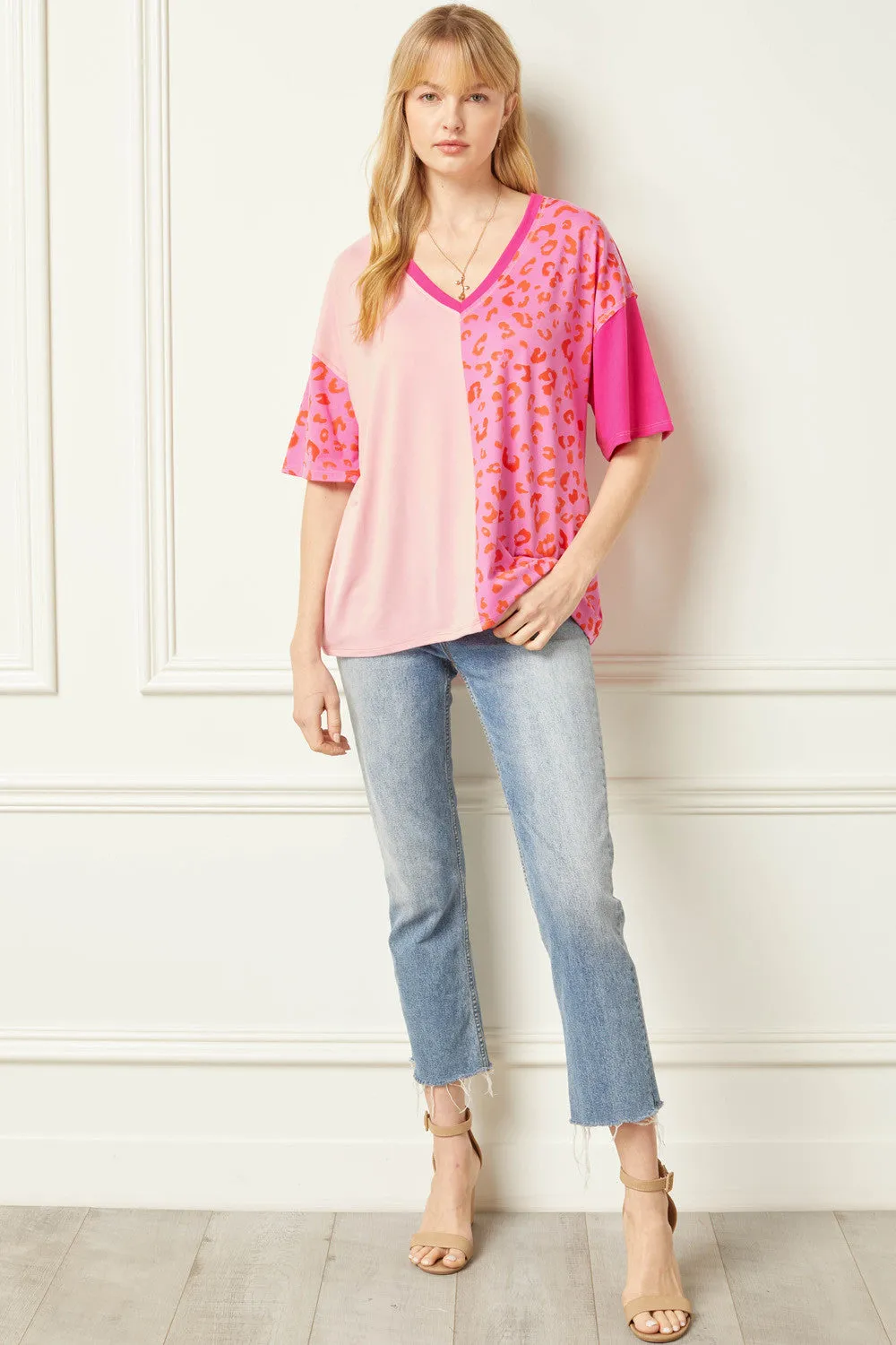 Color Block Leopard Top, Pink