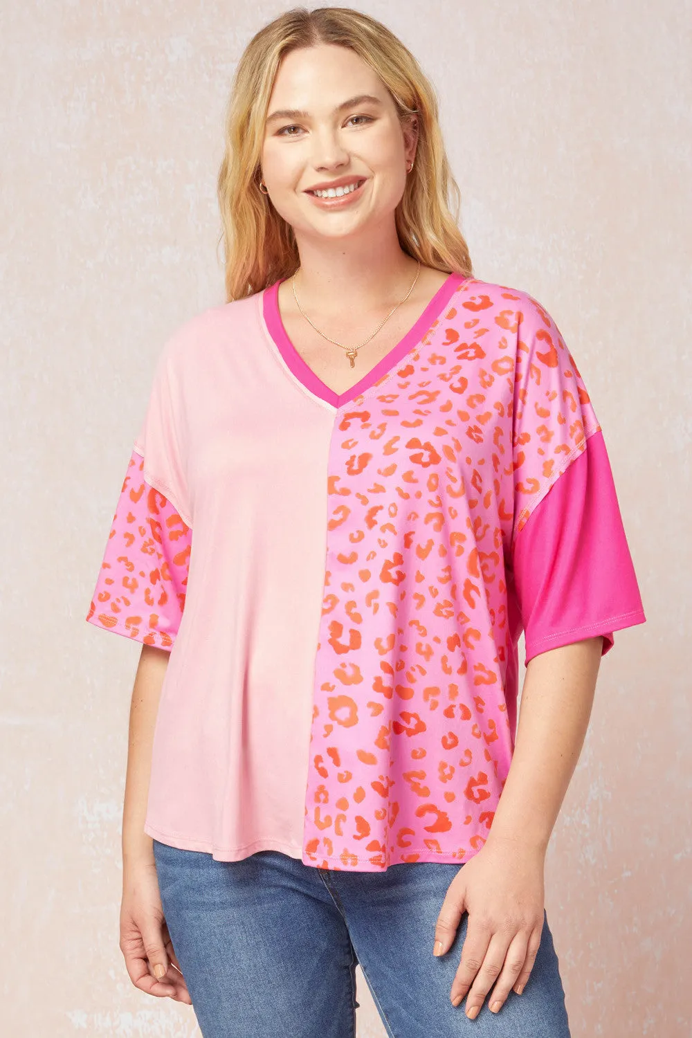 Color Block Leopard Top, Pink