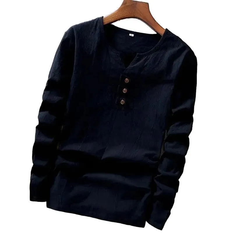 Cotton Long Sleeve T-shirt with Three Button Detail