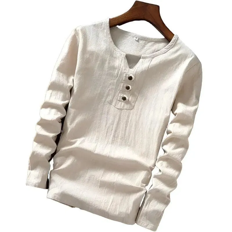 Cotton Long Sleeve T-shirt with Three Button Detail