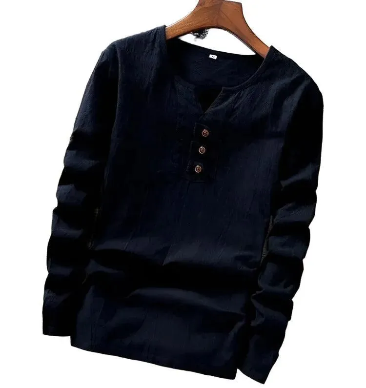 Cotton Long Sleeve T-shirt with Three Button Detail