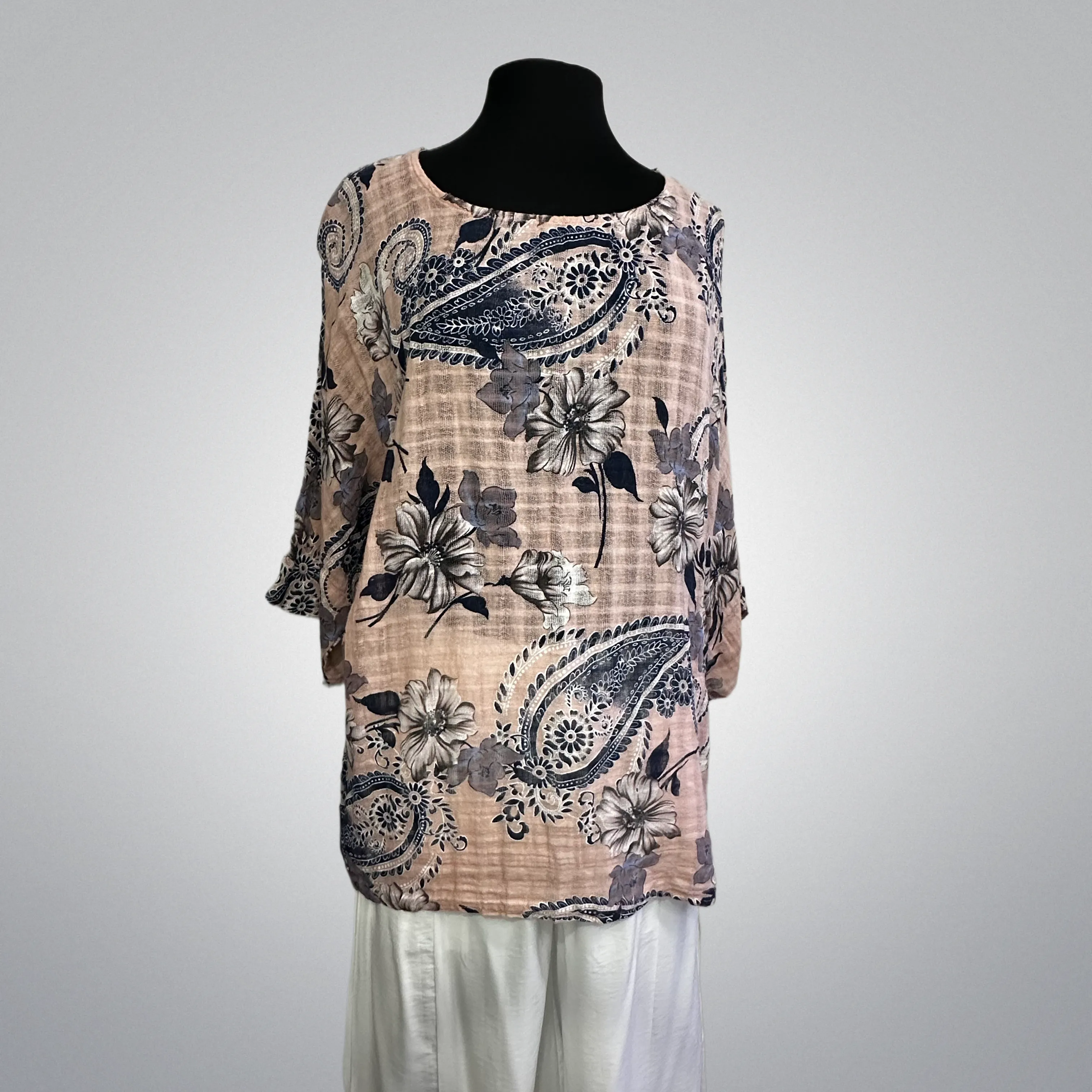 Cotton/Linen Blend Paisley Flower Print Top