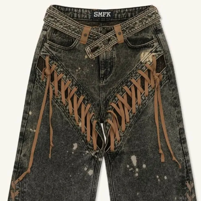 Cowboy Lace Up Tassel Denim Western Boho Jeans