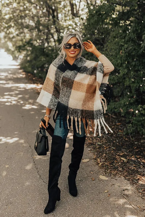 Cozy Debut Plaid Poncho In Camel